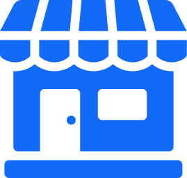 Black and white icon of a storefront with an awning, door, and window