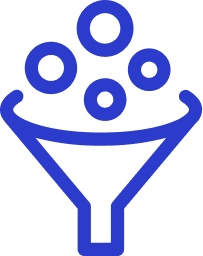 Blue icon of a funnel with six circles above it, representing filtering or sorting.