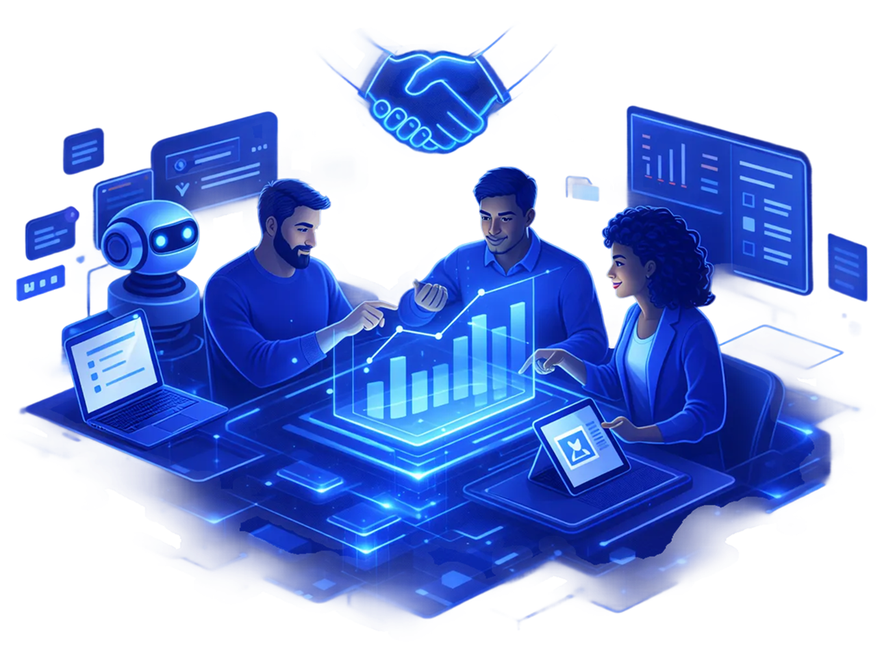 Illustration of three people working with digital data, graphs, and charts, with a robot and a handshake symbol representing collaboration, in a futuristic tech setting with glowing blue elements.