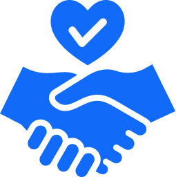 Two hands shaking with a heart and checkmark above them.