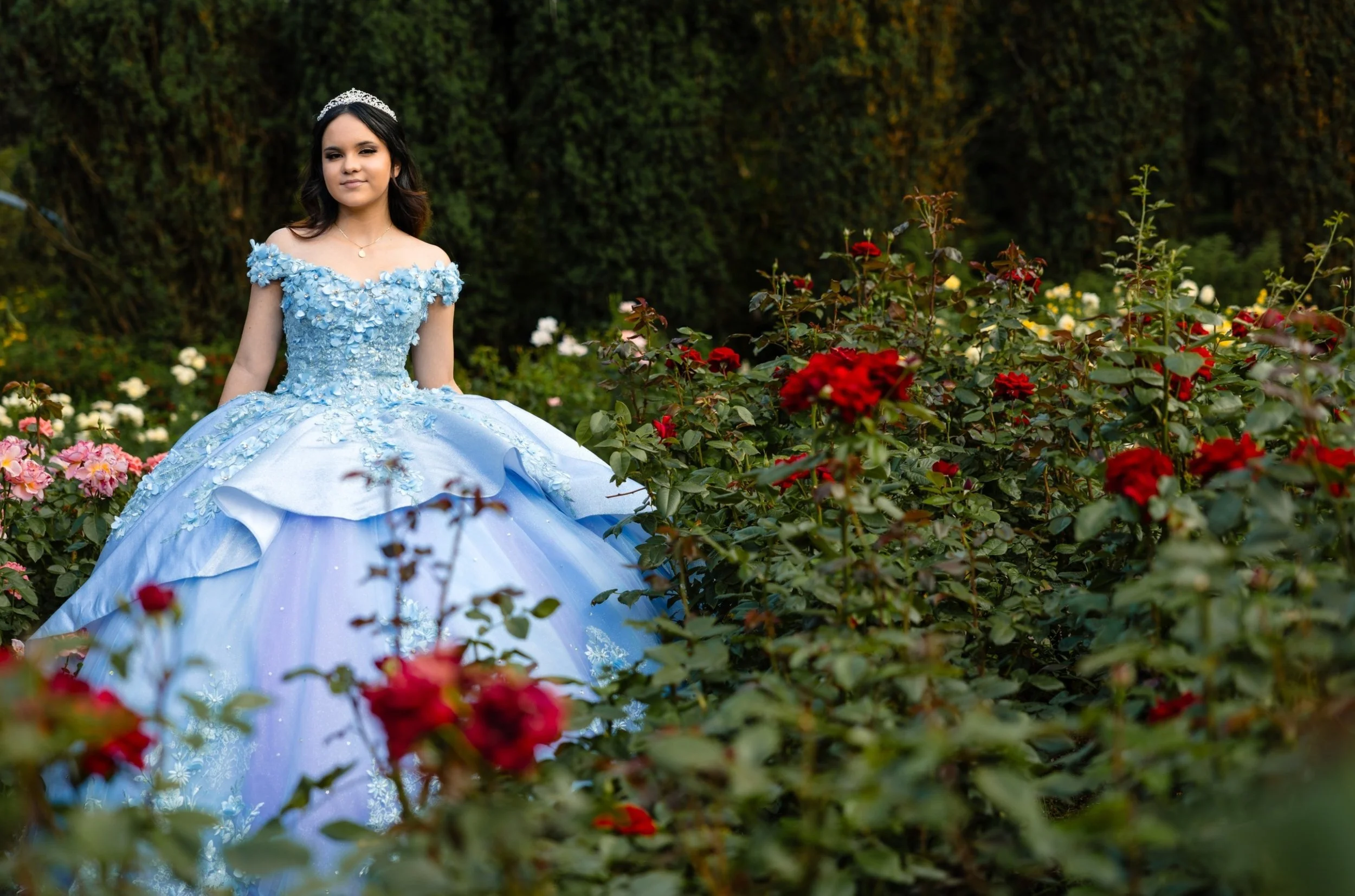Young woman in a light blue ball gown with floral details, wearing a tiara, sits in a garden of roses and greenery.