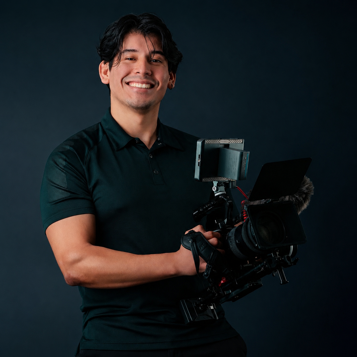 An Cortes in a T-shirt is operating a professional camera stabilizer rig in a venue with colored lights, possibly preparing to shoot a video or photo. Providing luxury cinematic videography services in the Portland Oregon area 