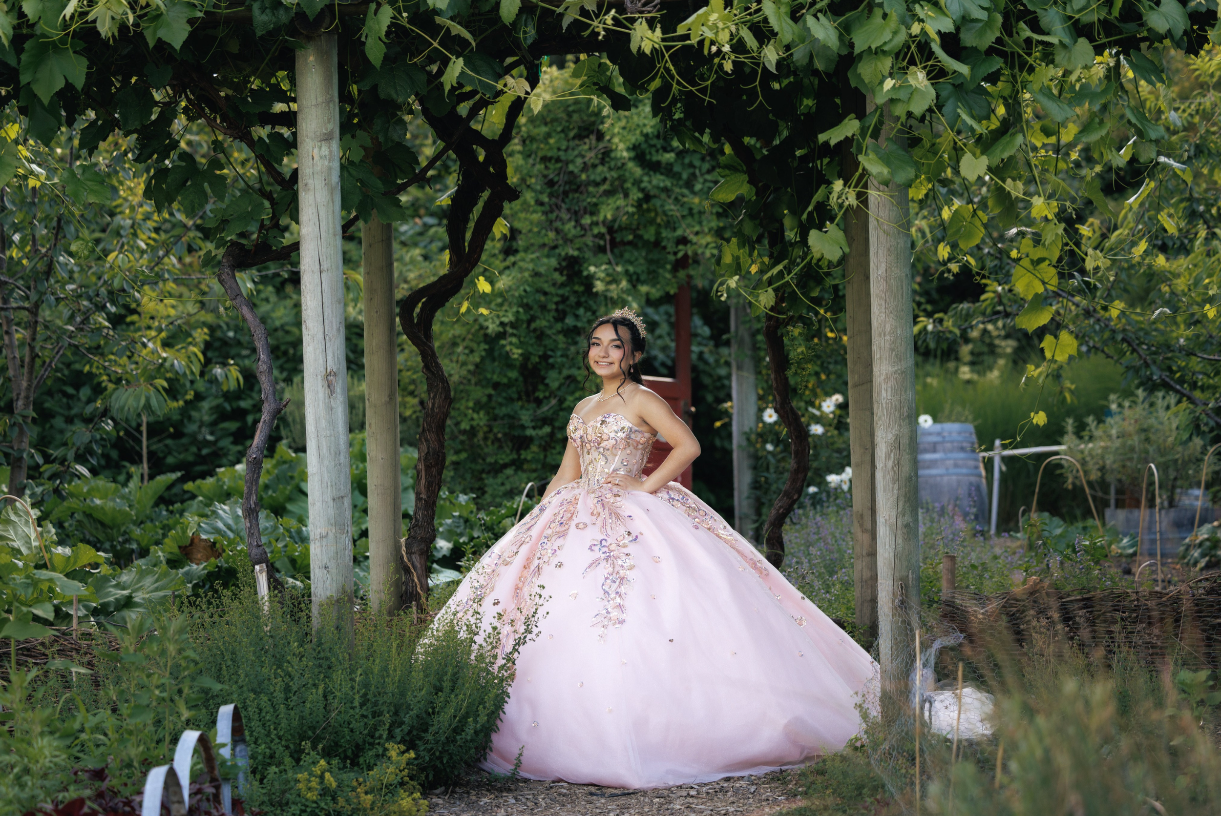 A young woman in a pink ball gown with floral embroidery and a tiara is standing in a lush, green garden beneath a trellis covered with grapevines. She is smiling and posing with one hand on her hip.