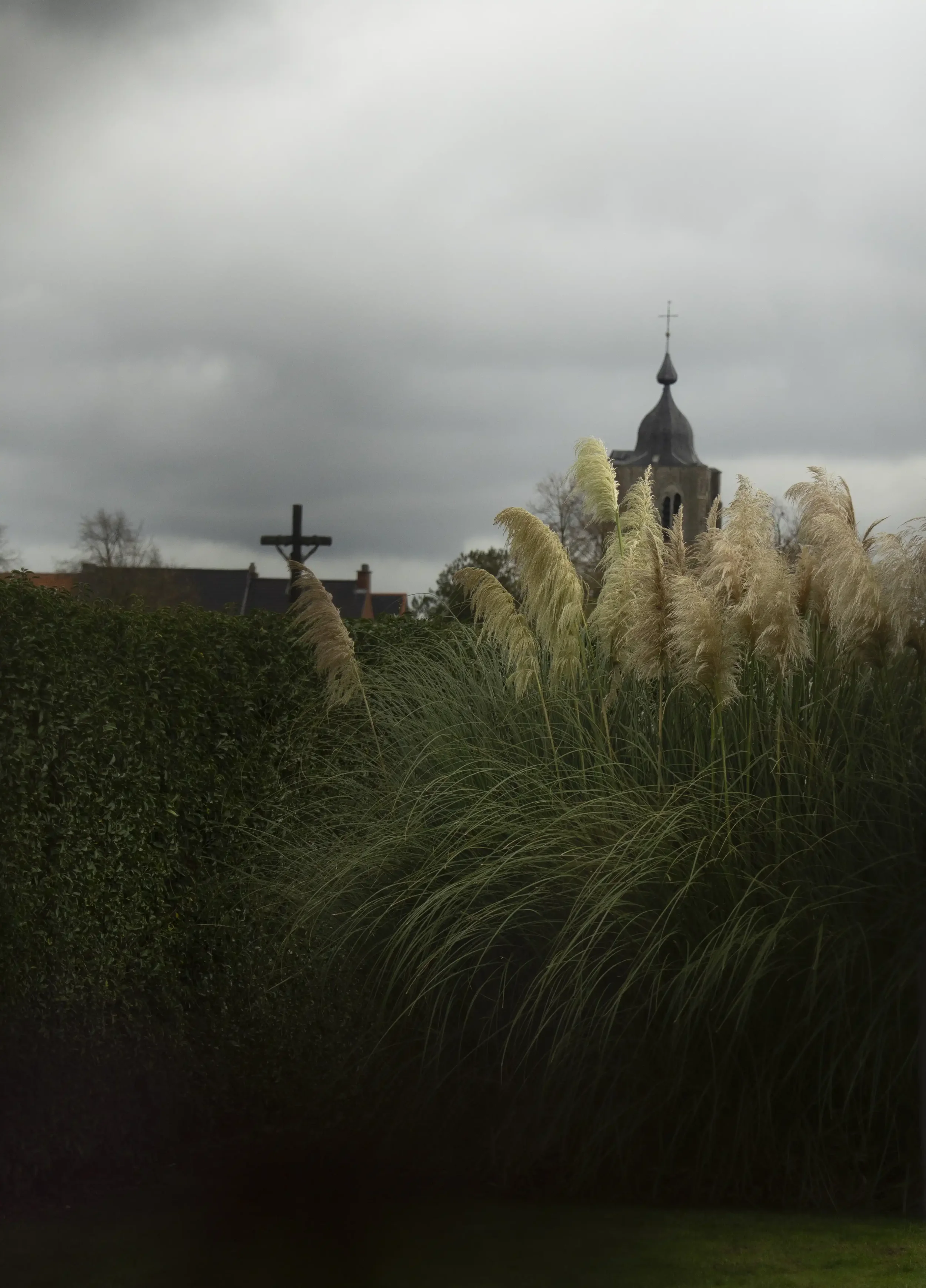 Uitzicht vanuit Restaurant Les Deux op het groene landschap en de kerktoren van Herenthout.