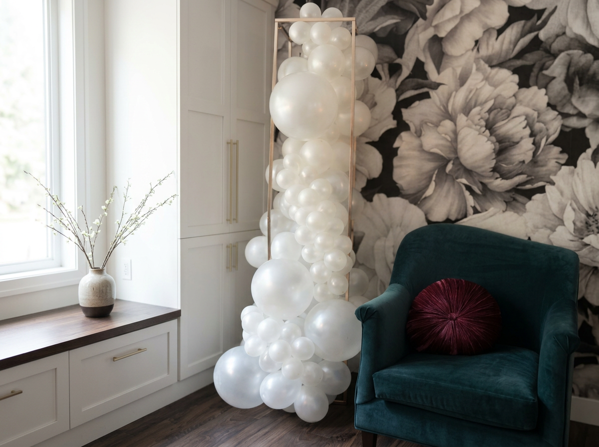 Decorative display of white balloons in a gold frame next to a blue velvet armchair with a deep red cushion in a room with floral wallpaper and a window with a vase of branches on the windowsill.