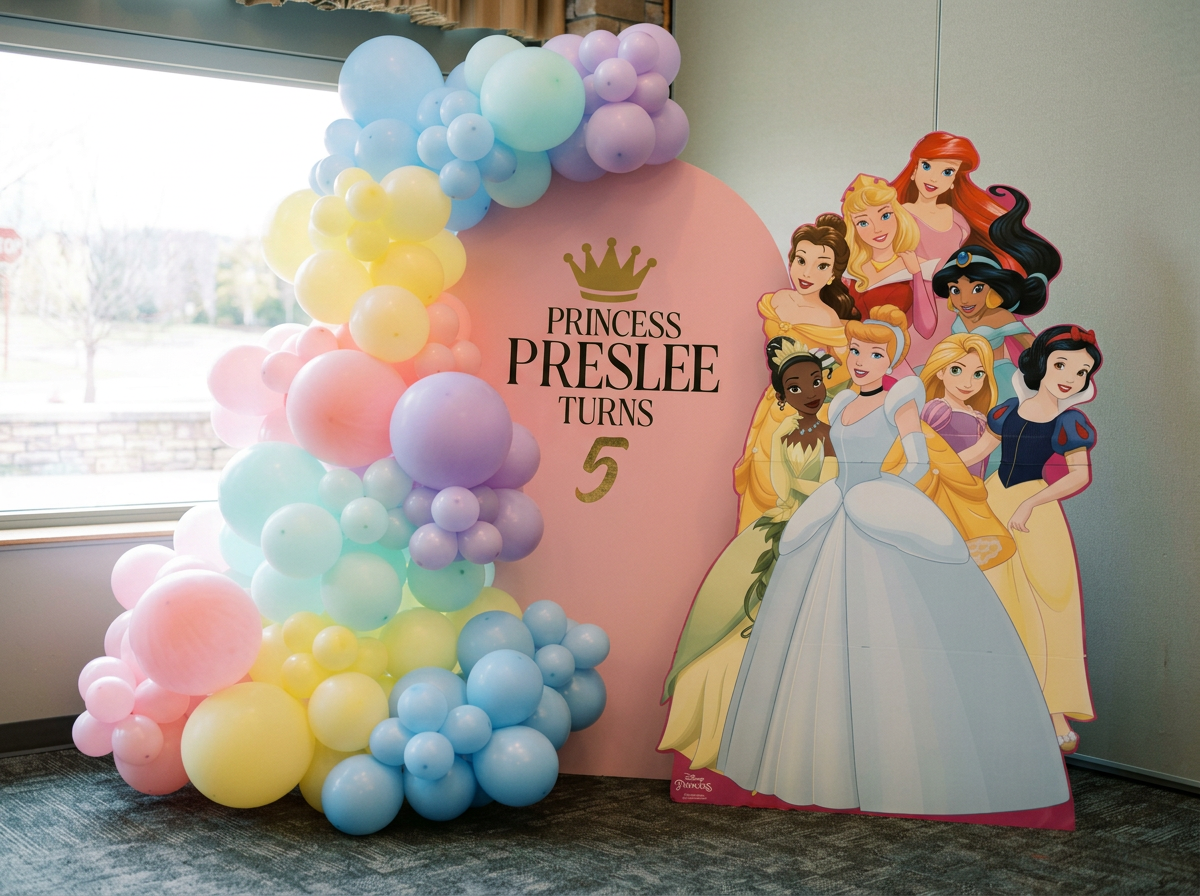 Colorful pastel balloons arranged next to a pink backdrop with a princess theme, including Disney princess characters like Belle, Ariel, Snow White, and Cinderella, with text that reads 'Princess Preslee Turns 5.'