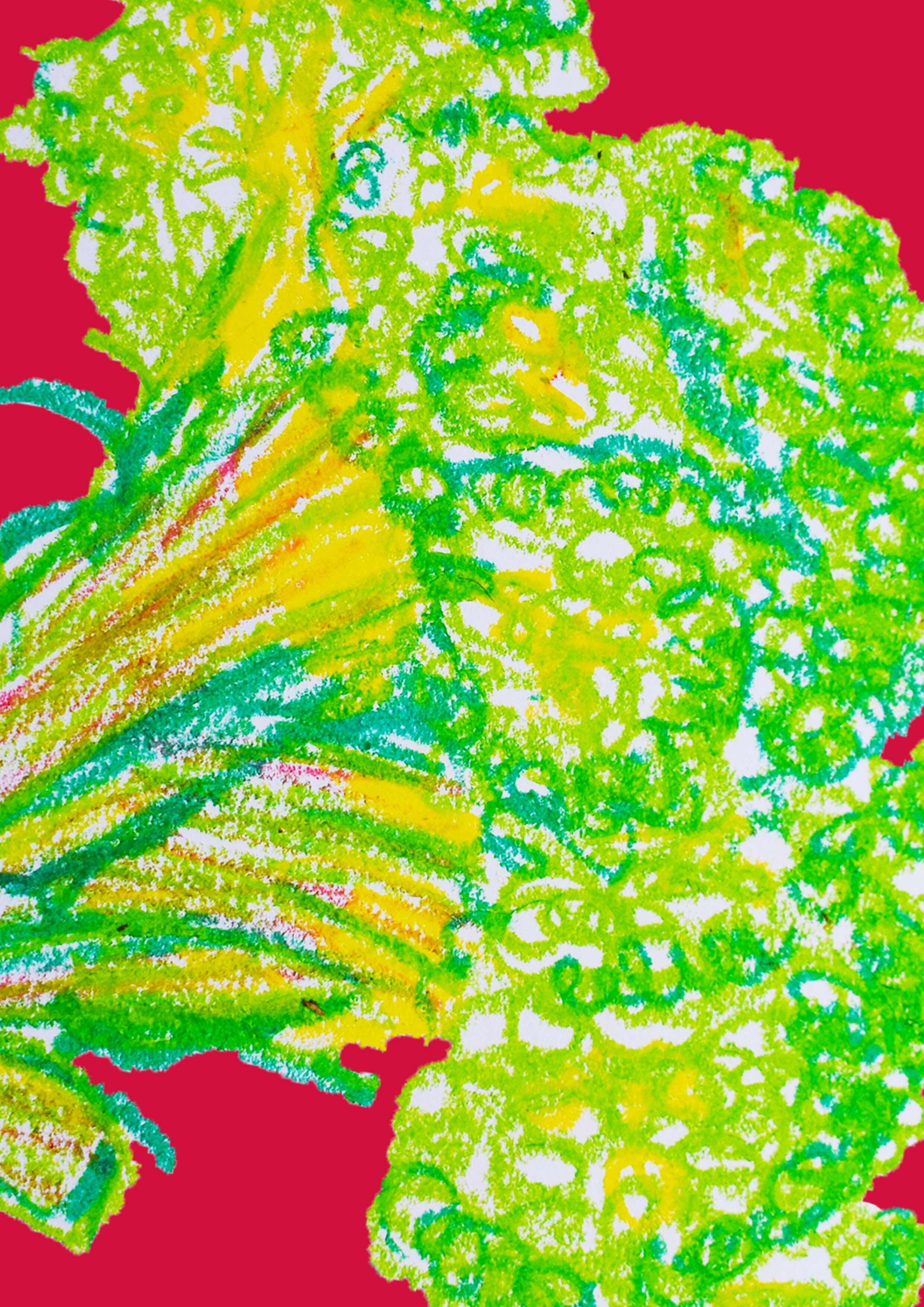 Abstract drawing of green vegetables against a red background