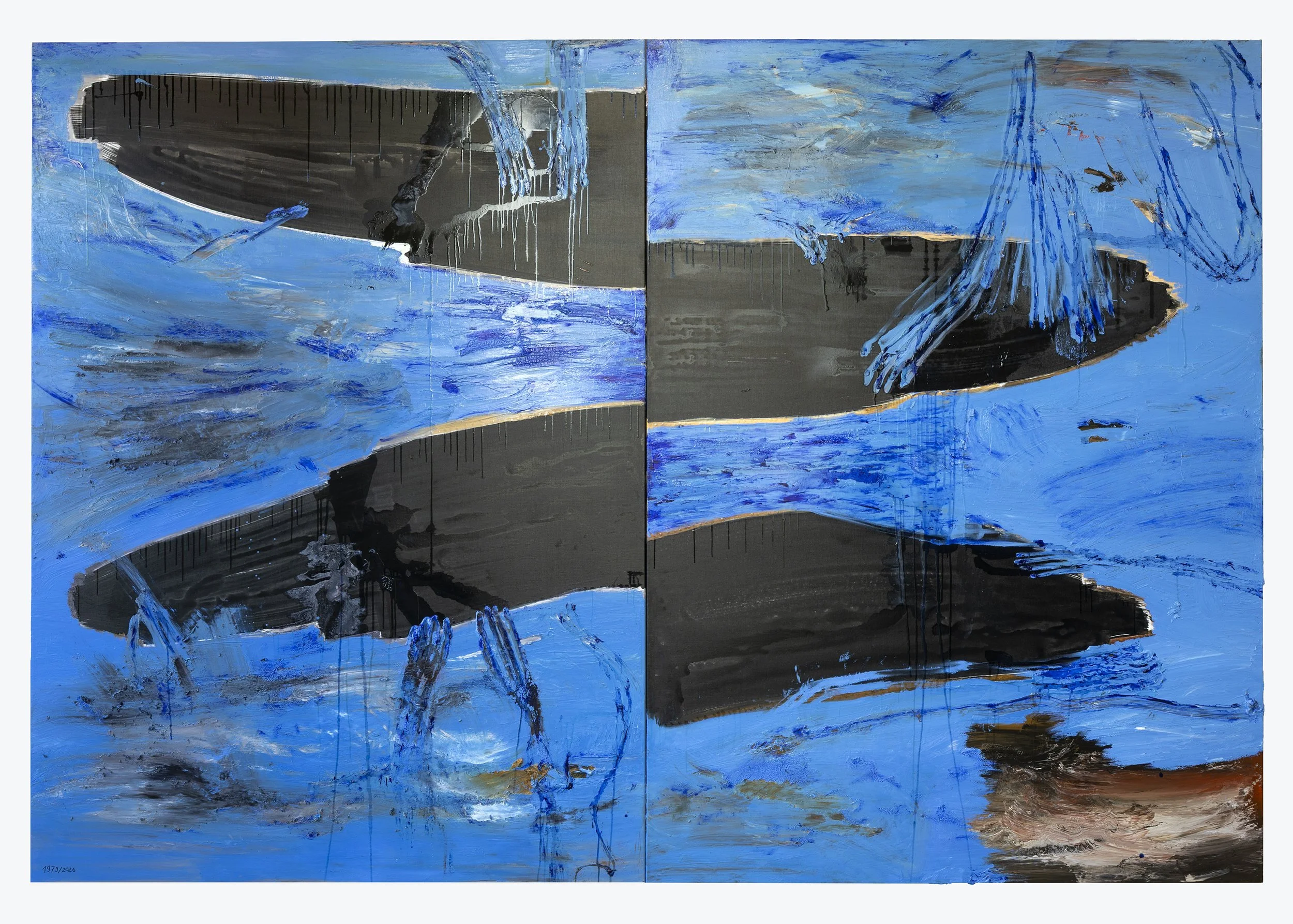 Wo Kolibris schwimmen, 2026, plant oil, Baltic Sea water, ink on canvas, 220 x 320 cm