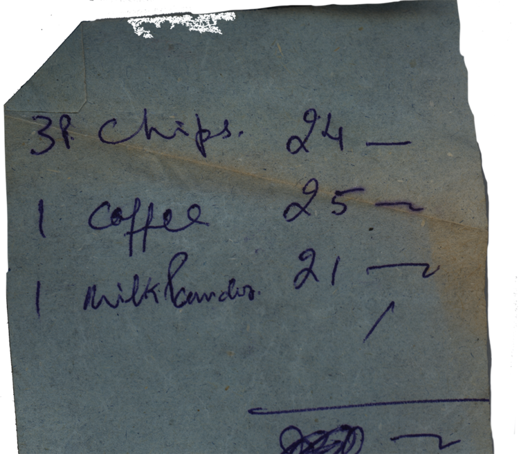 A handwritten 1995 food bill from India: chips, coffee and a milkshake