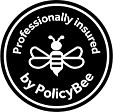 Circle badge with a bee icon, text: 'Professionally insured by PolicyBee.'
