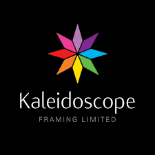 Colorful geometric star logo with text "Kaleidoscope Framing Limited" on a black background.