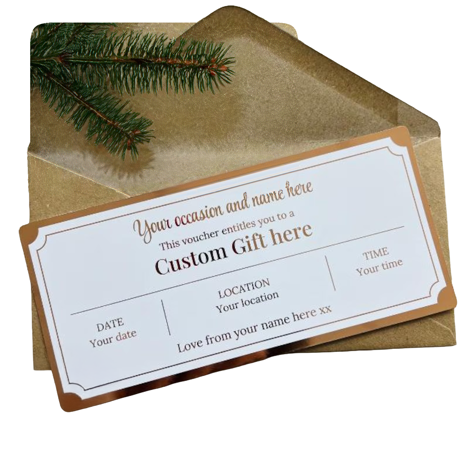 Gift voucher with a brown border, placed on a golden envelope, with an evergreen branch on top.
