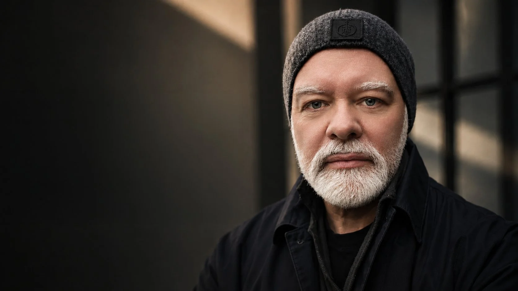 Close-up of an older man with gray hair and beard wearing a dark jacket and a knit cap, standing outdoors in front of a blurred background with windows.