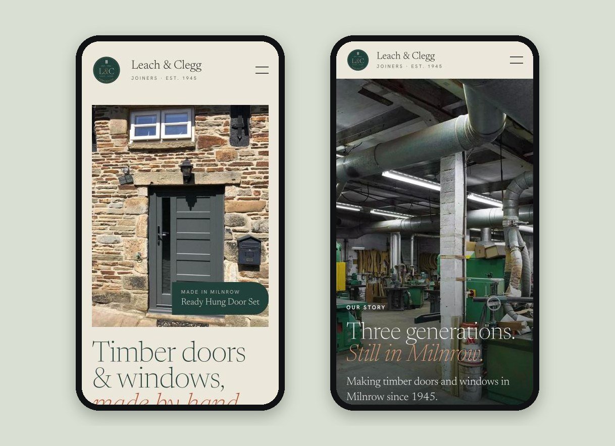 Leach & Clegg website on a phone, homepage and Our Story page
