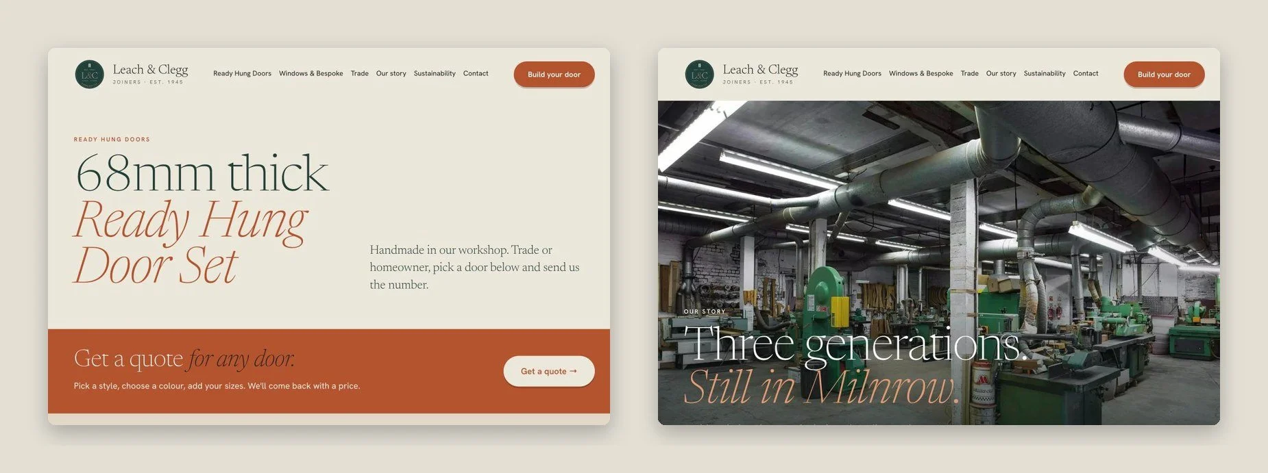 Leach & Clegg Ready Hung Doors and Our Story pages on desktop
