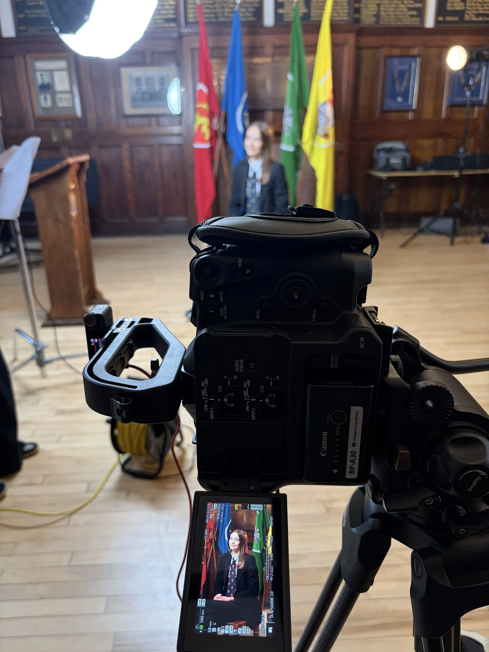 Canon C70 cinema camera filming a pupil interview in a school hall