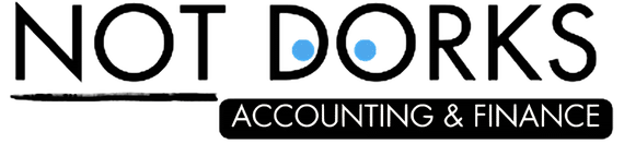 Black background with white and blue text reading "NOT DORKS ACCOUNTING & FINANCE".