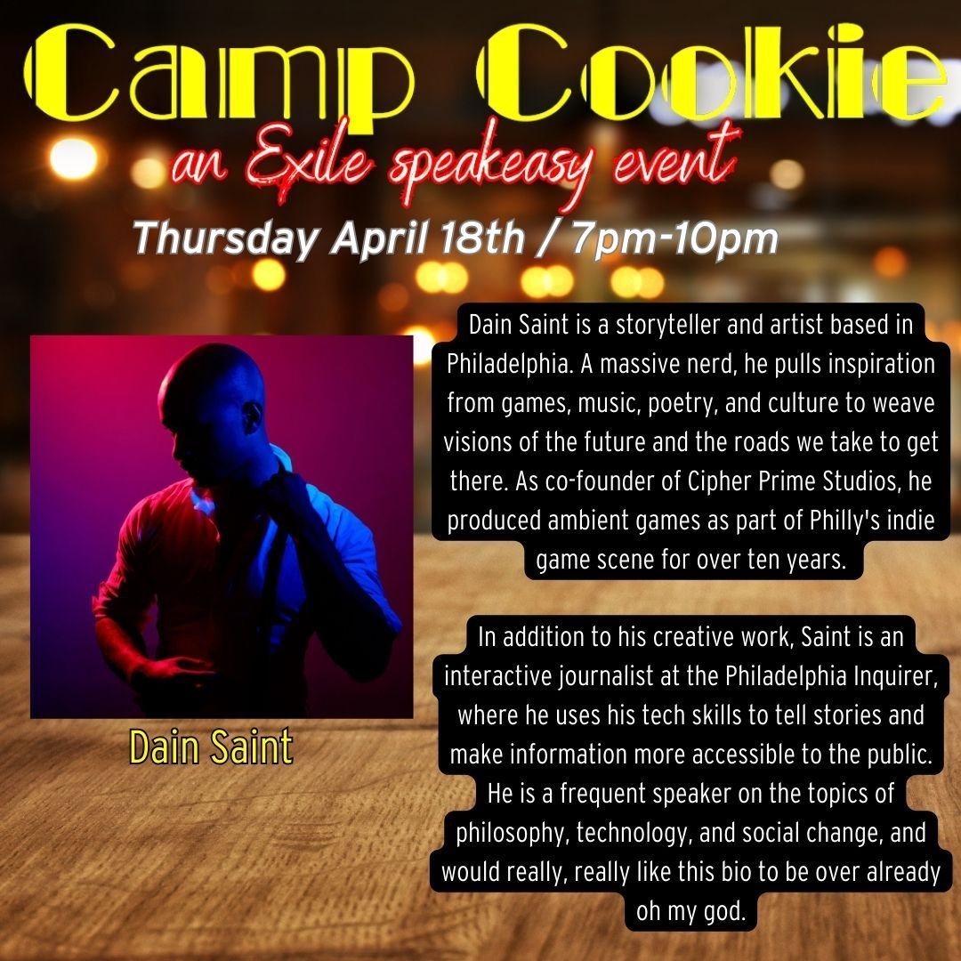 Want to hear a story? @dainsaint will tell you one at Theatre Exile's Camp Cookie. Meet us in the courtyard with the password and we'll lead you down the stairs and into the speakeasy. Grab your tickets to get all the info. 

#PhillyTheatre #GreatTim