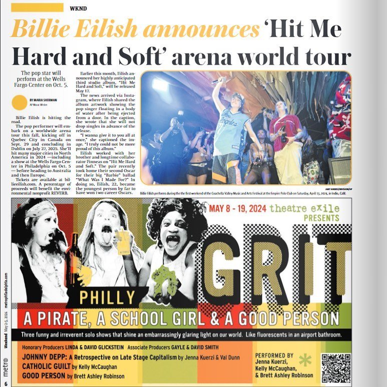 Billie Eilish says get your tickets for PHILLY GRIT! We start performances next week! Thanks @metrophilly ! 

#phillytheatre #phillygram #southphilly #theatre #phillygrit #theatreexile