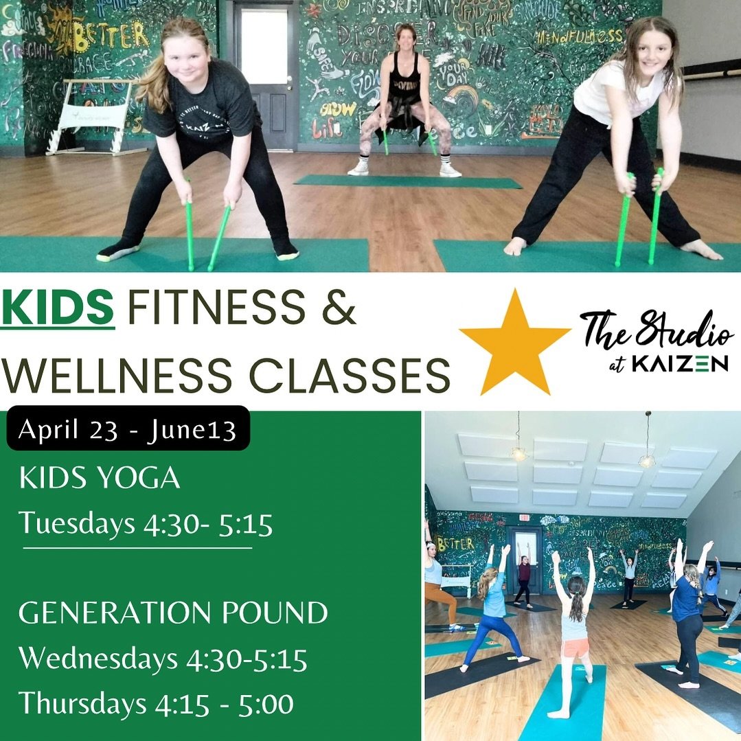 We made some changes to our kids studio programming! We love kids being outside so we added an outdoor Generation Pound class on Wednesdays at 4:30 on the Turf with inside accommodations as needed!

Kids Yoga
Tuesdays at 4:30 in the studio 

Generati