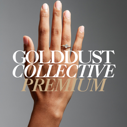 Diamond Ring on a hand with text: GoldDust Collective Premium, A jewellery designer membership
