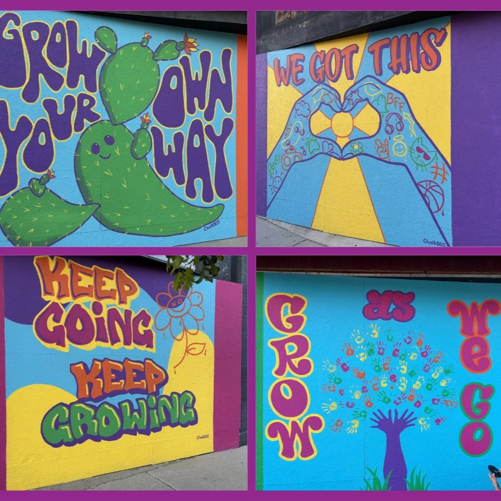Keep Going, Keep Growing! June 28, 2025
Brighton, Massachusetts
Joan Aylward designed and painted our mural in order to bring our ideas and work to life! The mural depicts our theme of social and emotional growth throughout the youth and teen years.