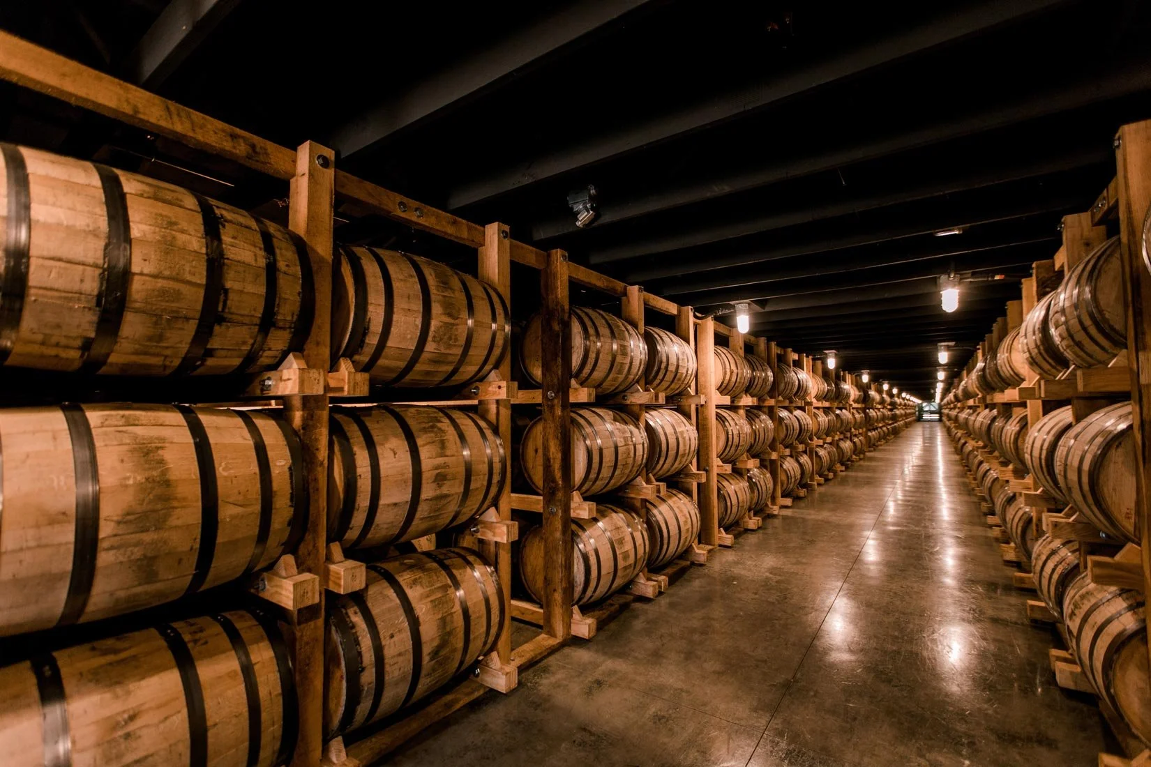 Spirits industry rickhouse storage with barrels