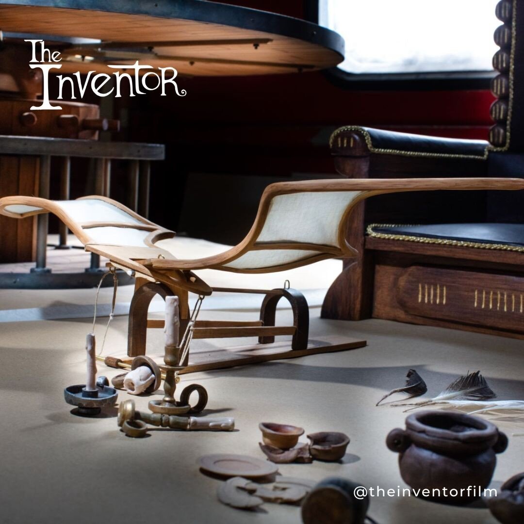 Props from @theinventorfilm. A flying machine, the Pope's chair, quill pens, pottery (broken and unbroken) and candles. 
.
.
.
💌 Follow our behind the scenes adventures. Sign up for updates on the link in bio 🔗
.
.
.
.
#theinventorfilm #props #prop