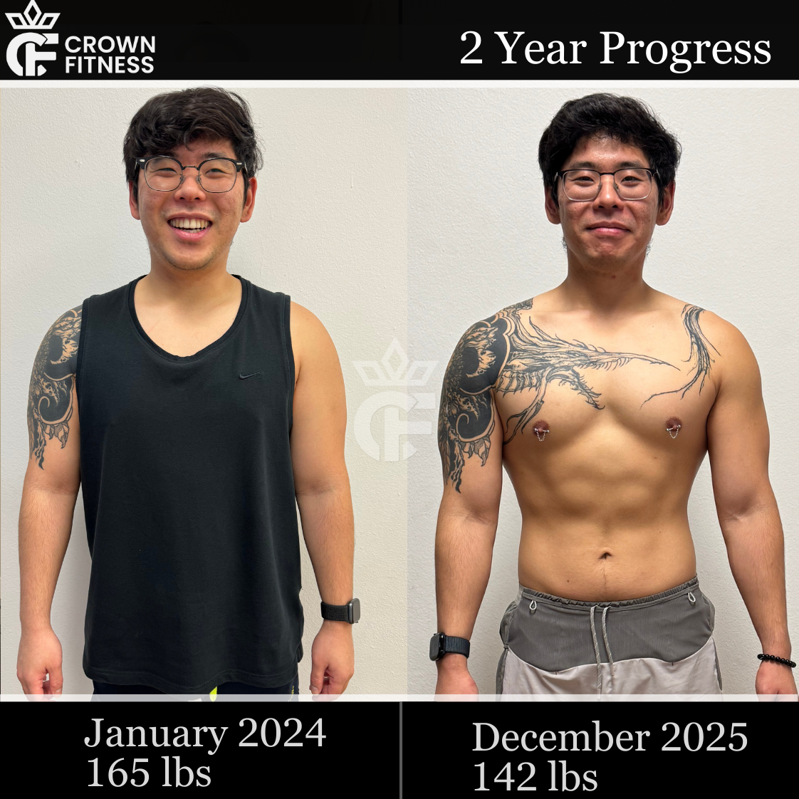Before and after body transformation from personal training in Irvine CA showing fat loss and muscle definition achieved through private strength coaching at Crown Fitness