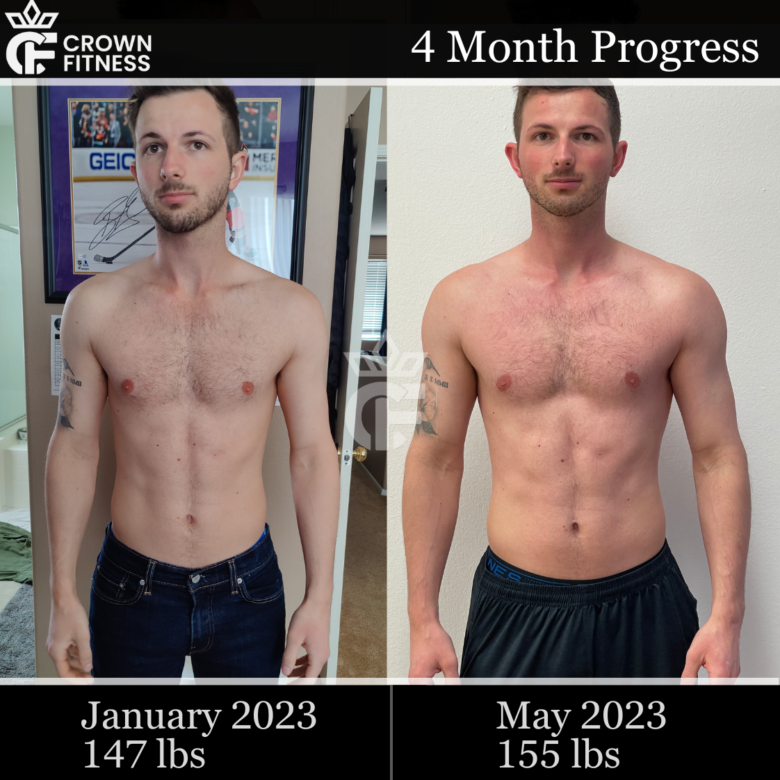 4-month muscle gain transformation with personal training in Irvine — client increased from 147 lbs to 155 lbs.