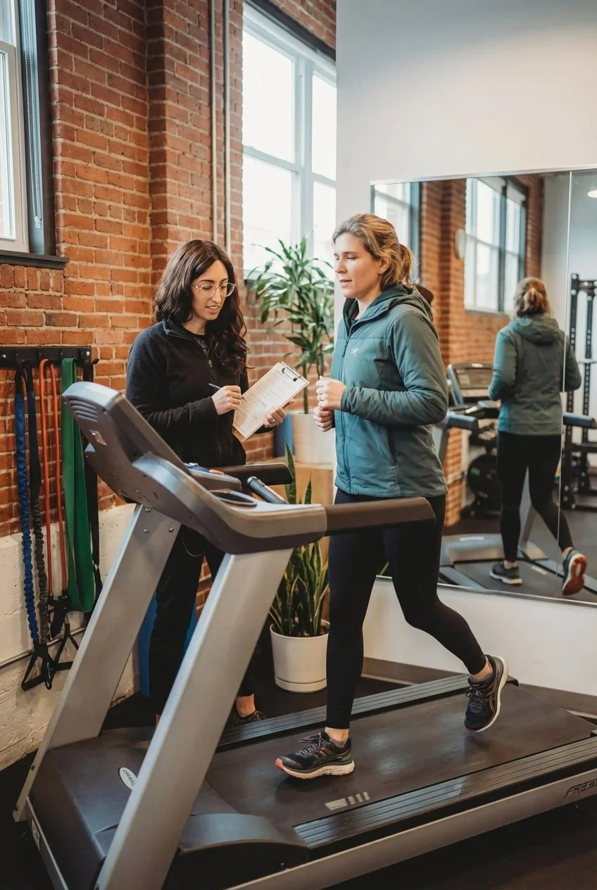 Patient working with a provider at a running physical therapy clinic in Middlebury