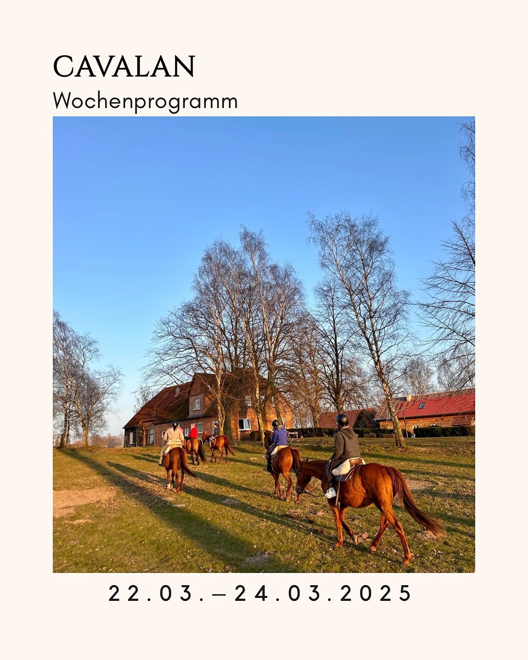 CAVALAN-PROGRAMM 22.03. - 23.03.

Am Wochenende, sowie am Montag, finden bei uns wieder Ausritte durch die mecklenburgische Pampa statt. 🐴 Wir bieten sowohl ruhige Ausritte f&uuml;r alle Niveaus, als auch Ausritte mit Galopp f&uuml;r Fortgeschritten