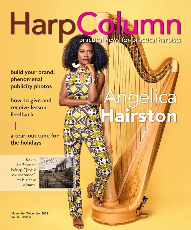 Cover of Harp Column magazine featuring Angelica Hairston standing next to a large harp, wearing patterned pants and a matching top, with headlines about music and publicity.
