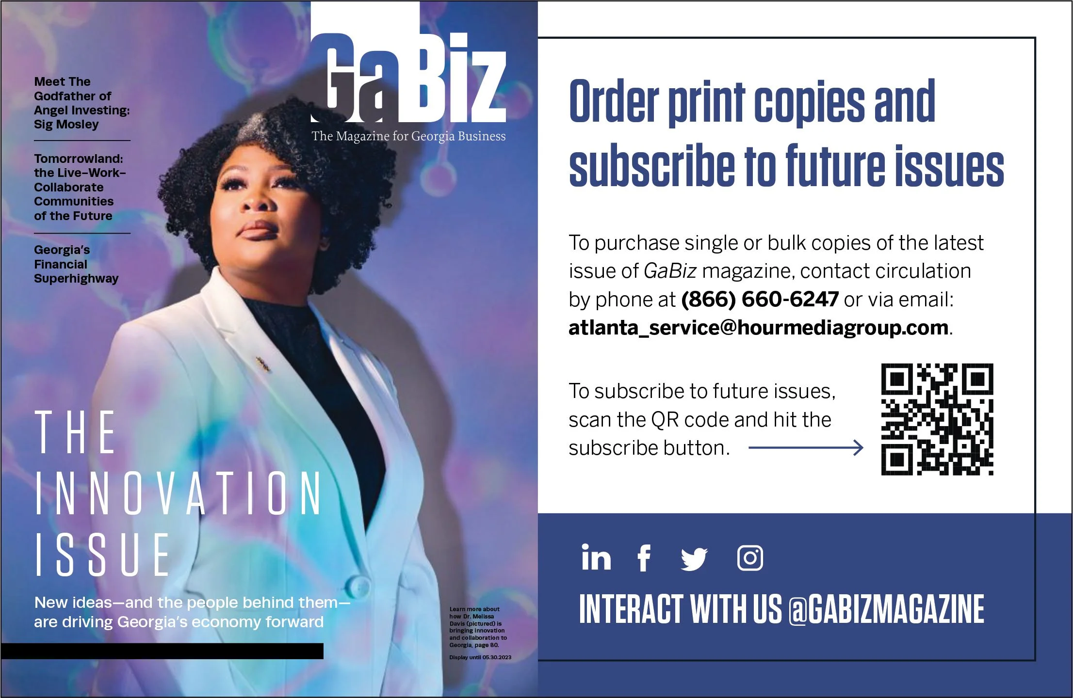 The cover of GaBiz magazine featuring a woman with curly black hair wearing a white blazer and black top. The background has a colorful, abstract design. Text includes subscription information with a phone number, email, QR code, and social media ico