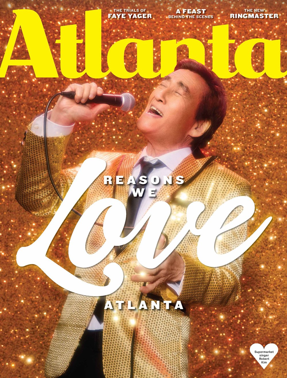 Cover of Atlanta magazine featuring Supermarket singer Robert Kim singing into a microphone, wearing a gold jacket, with a gold glittery background, and magazine headlines about entertainment and comedy.