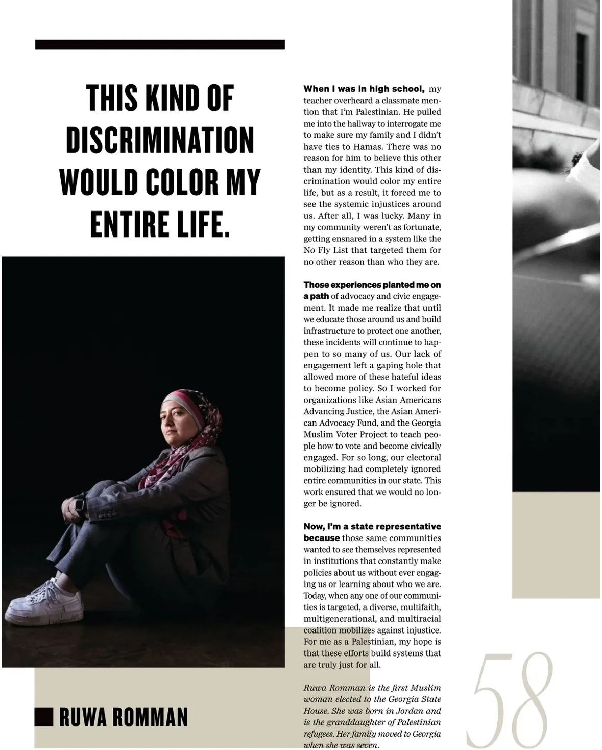 A magazine or newspaper article with a bold headline reading 'This kind of discrimination would color my entire life.' The article is about Ruw Romman, a Palestinian woman and Georgia State Representative, with a photo of her sitting on the floor wea