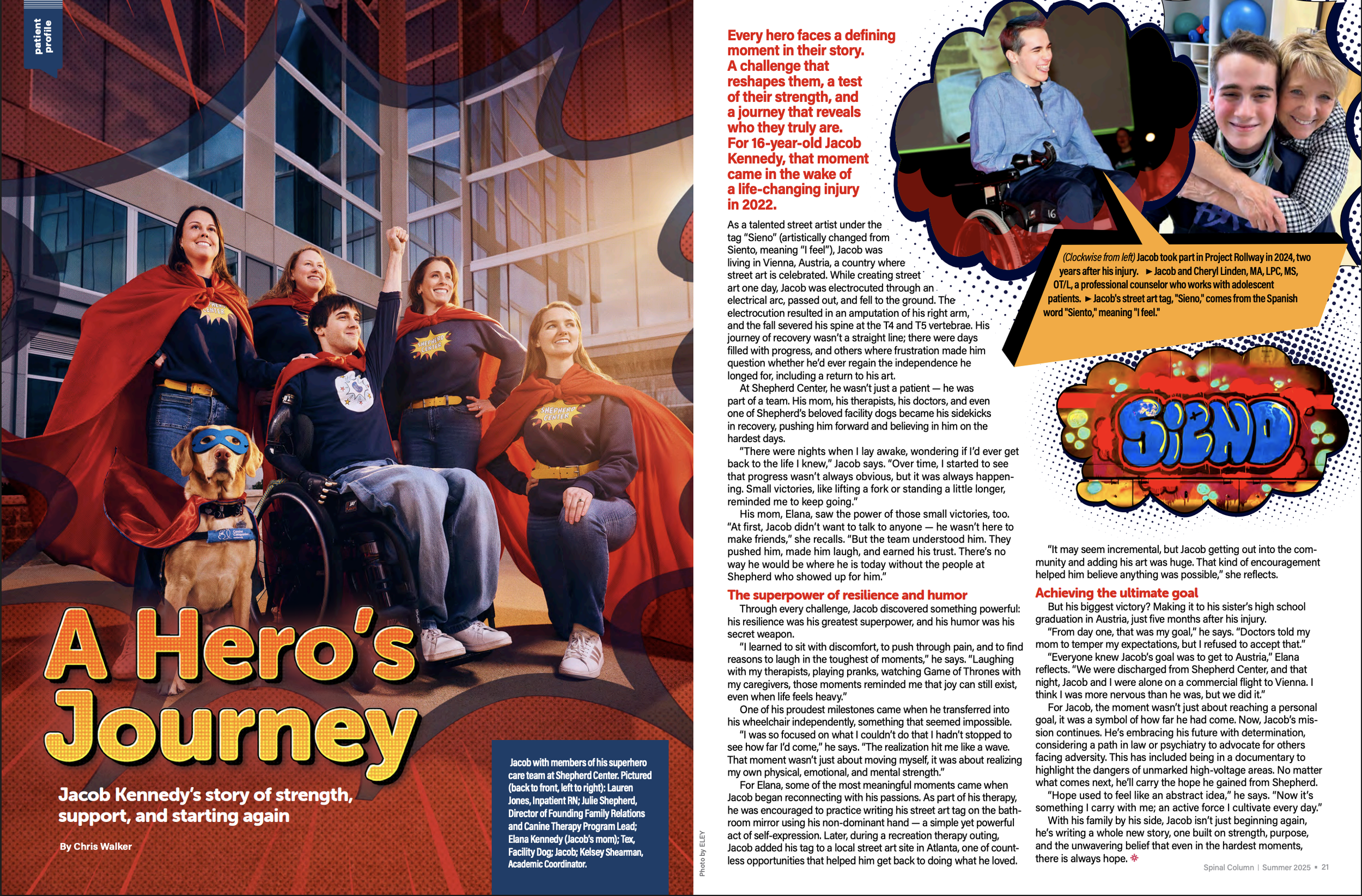 Group of five people in superhero costumes and a dog with a cape, posing in front of a modern glass building at night, with the title 'A Hero's Journey' and additional text about Jacob Kennedy's story for Shepherd Center