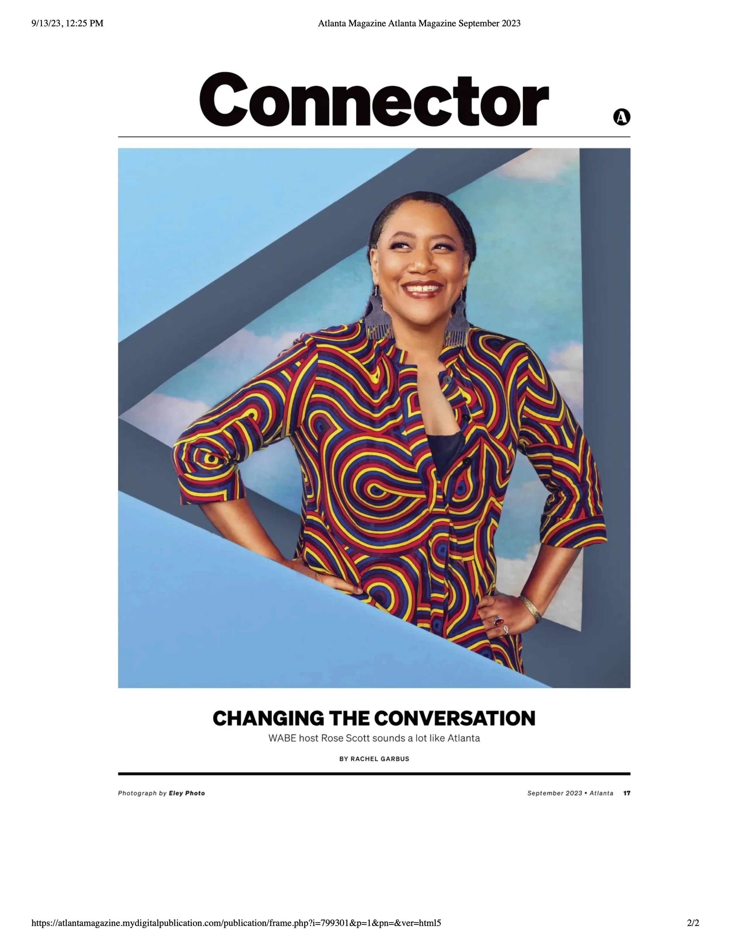 Cover page of Atlanta Magazine September 2023 featuring a woman smiling, wearing a colorful patterned jacket, with a background of geometric shapes and sky.