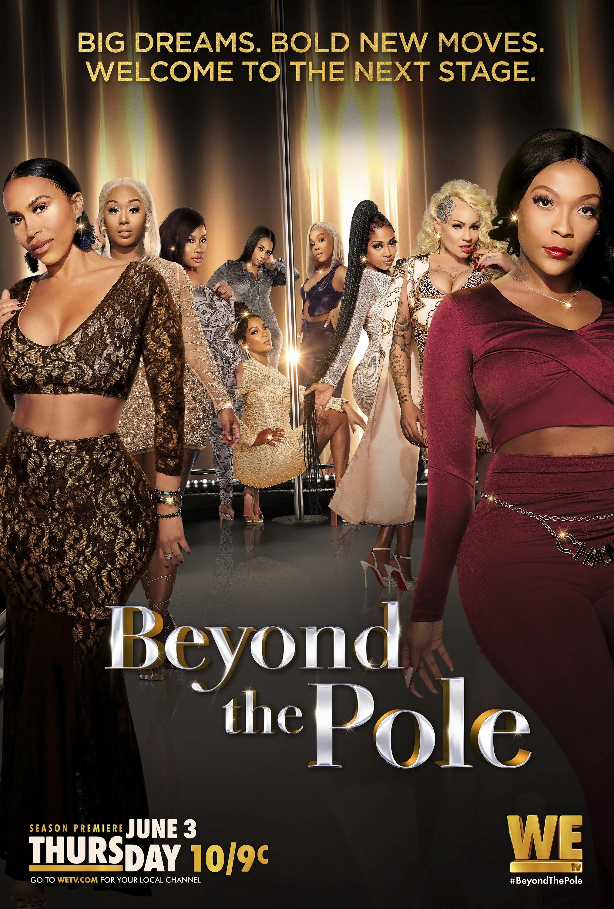 A promotional poster for the TV show 'Beyond the Pole' featuring a diverse cast of women dressed in glamorous outfits on a stage with lights, with the show's title and premiere details.
