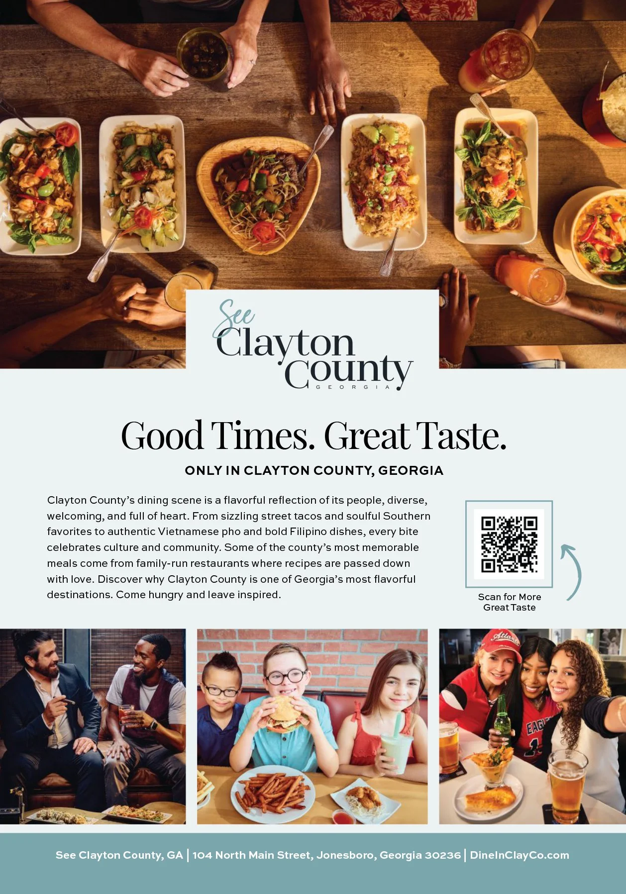 A promotional flyer for Clayton County, Georgia, featuring an overhead view of a wooden table with various dishes of food, drinks, and people enjoying a meal. For travel and tourism this features photos of people dining and socializing.