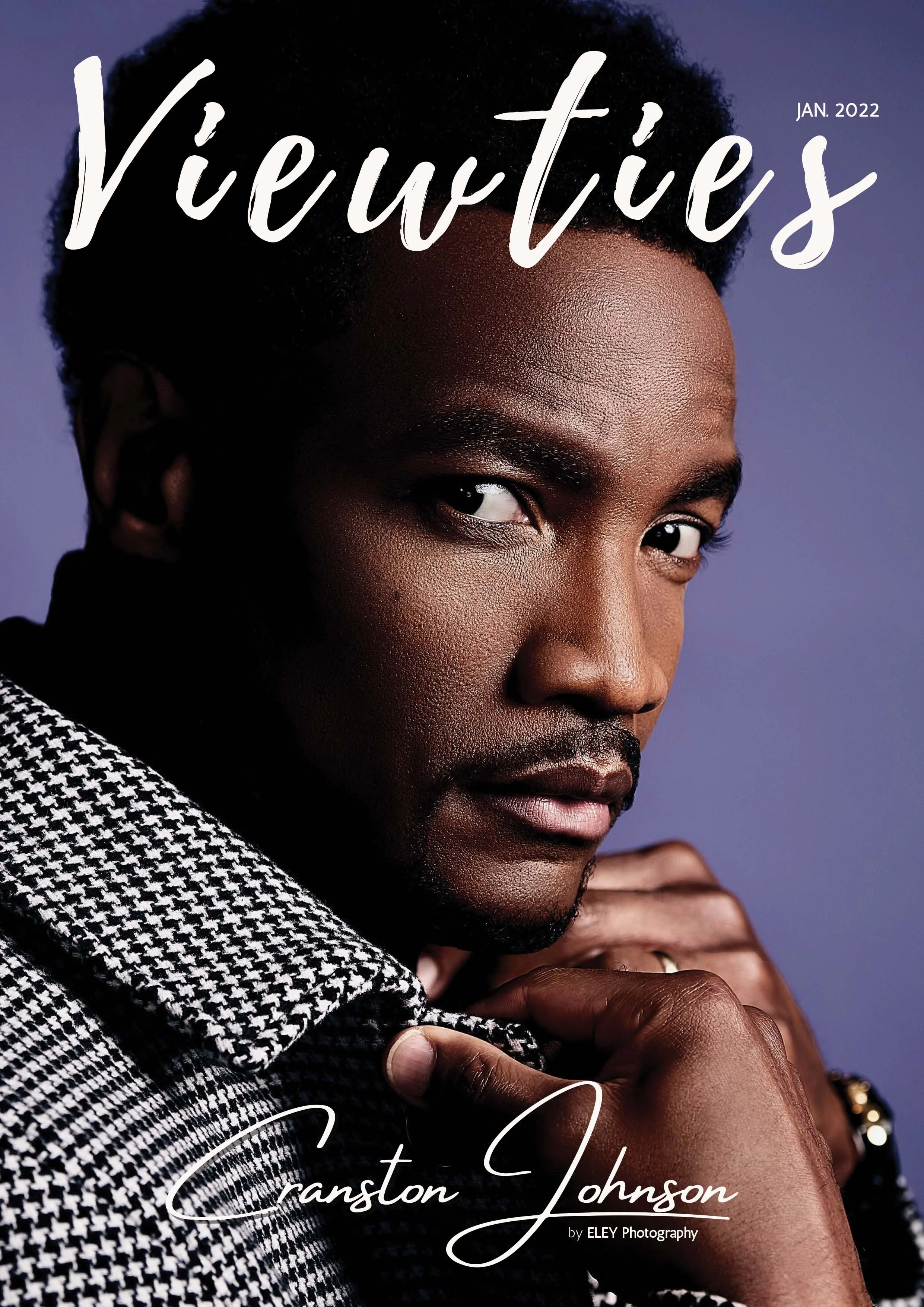 Magazine cover featuring a close-up portrait of a Black man with short hair, wearing a black and white checkered shirt, with the title 'Vieties' and the date 'Jan. 2022' at the top, and the name 'Cranston Johnson' at the bottom.