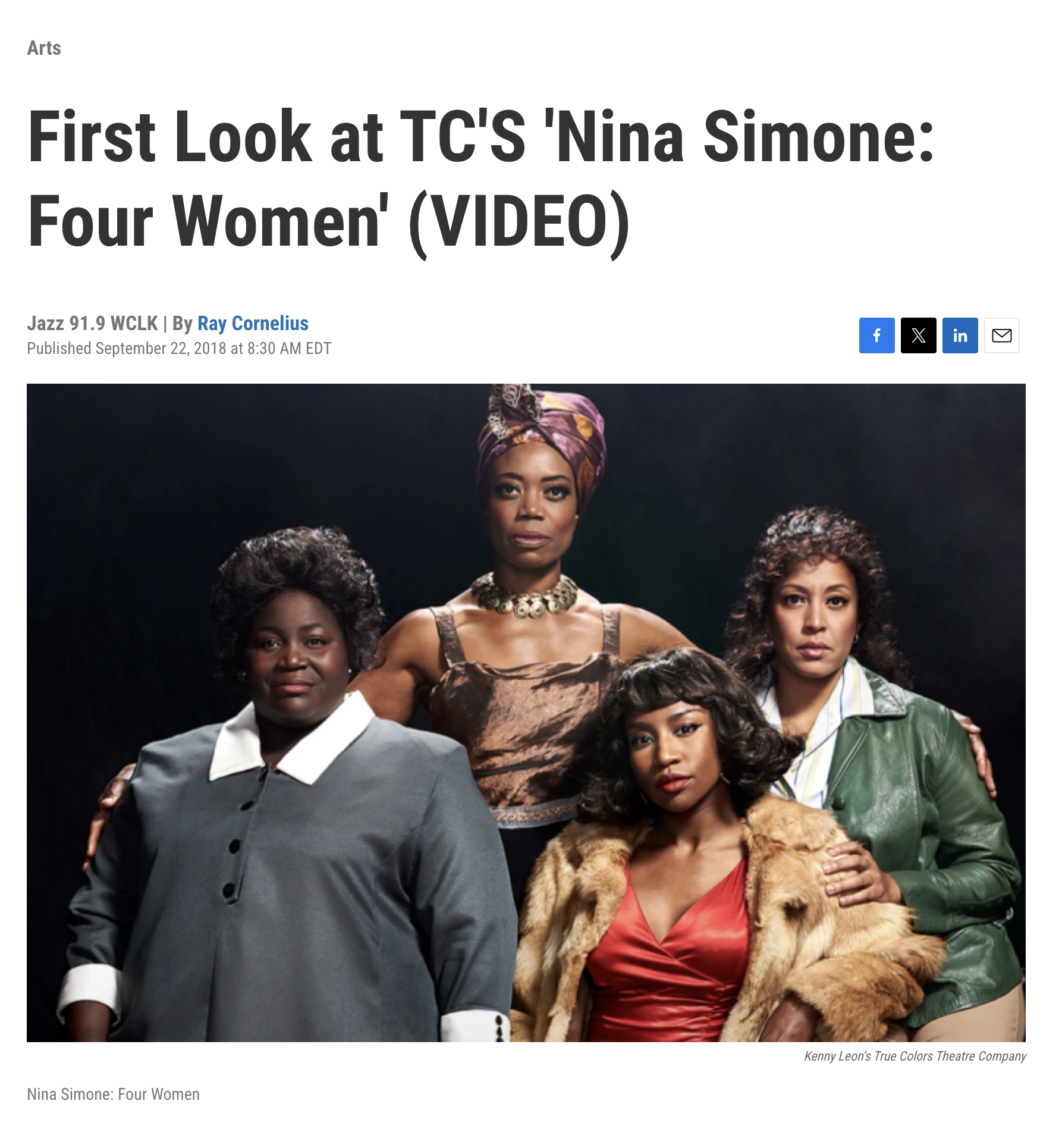 Four women posing together, wearing vintage clothing and bold hairstyles, against a black background for Kenny Leon's True Color Black theatre.