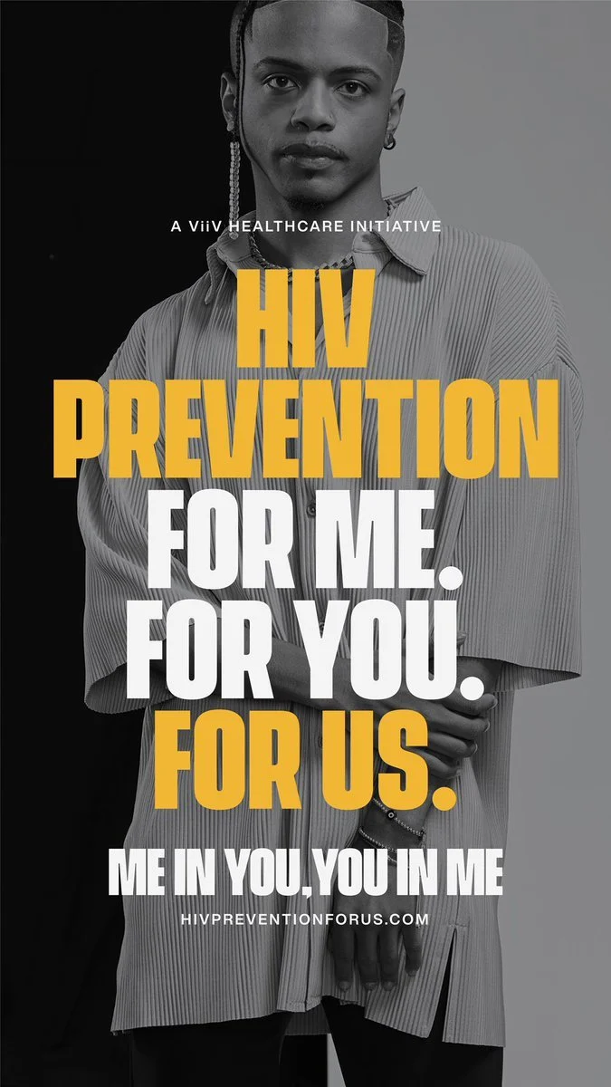 Black and white portrait of a young person with braided hair, wearing a striped shirt, promoting HIV prevention with bold yellow and white text.