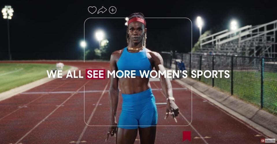 A female athlete, CeCé Telfer in a track and field uniform standing on a running track at night, with the text "WE ALL SEE MORE WOMEN'S SPORTS" overlaid.