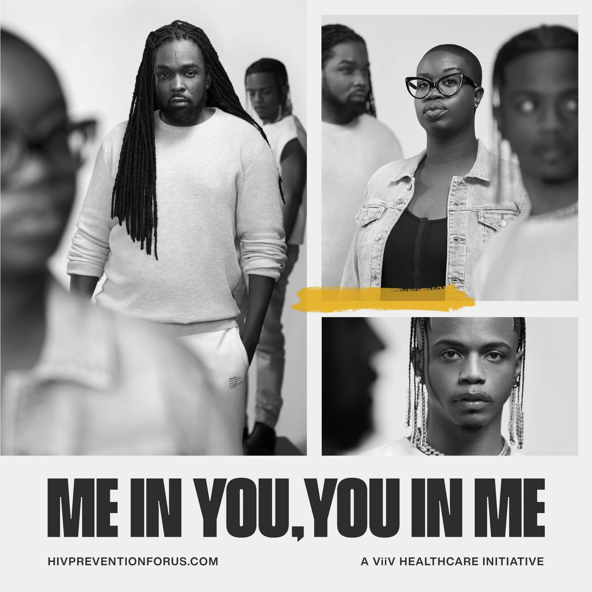 Black and white collage of four transgender individuals, with three women and one man, all with different hairstyles and expressions. The bottom text reads, "ME IN YOU, YOU IN ME," and there is a website and healthcare initiative information.