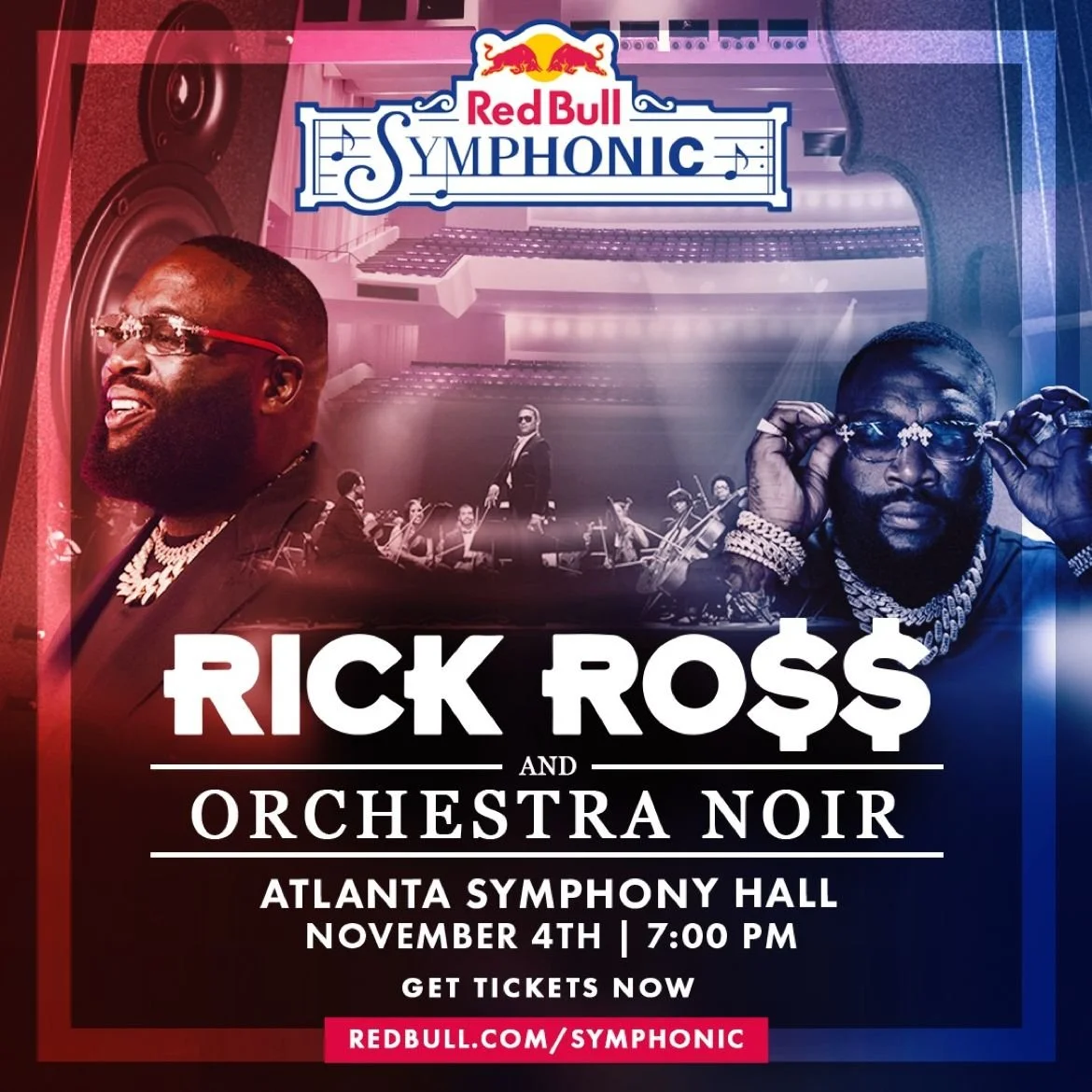 Promotional poster for Red Bull Symphonic featuring Rick Ross and Orchestra Noir at Atlanta Symphony Hall on November 4th at 7:00 PM, with images of Rick Ross and an orchestra.