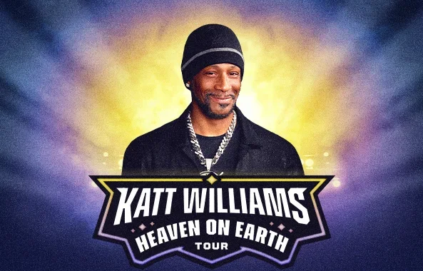 Katt Williams smiling wearing a black beanie and black jacket with a chain, with a yellow and purple background promoting the 'Heaven on Earth Tour'.