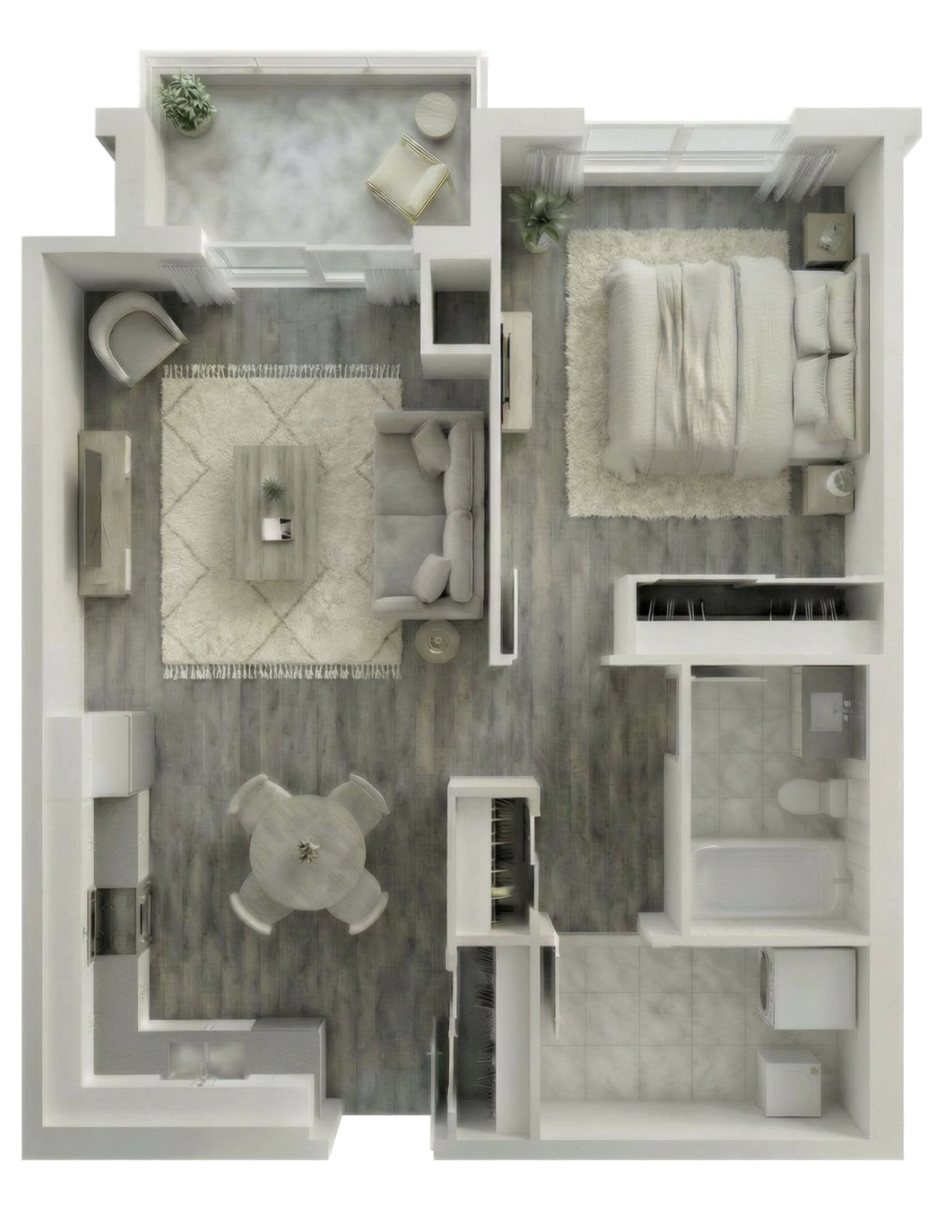 Top-down view of a one-bedroom apartment with a living room, bedroom, dining area, bathroom, and a laundry room.