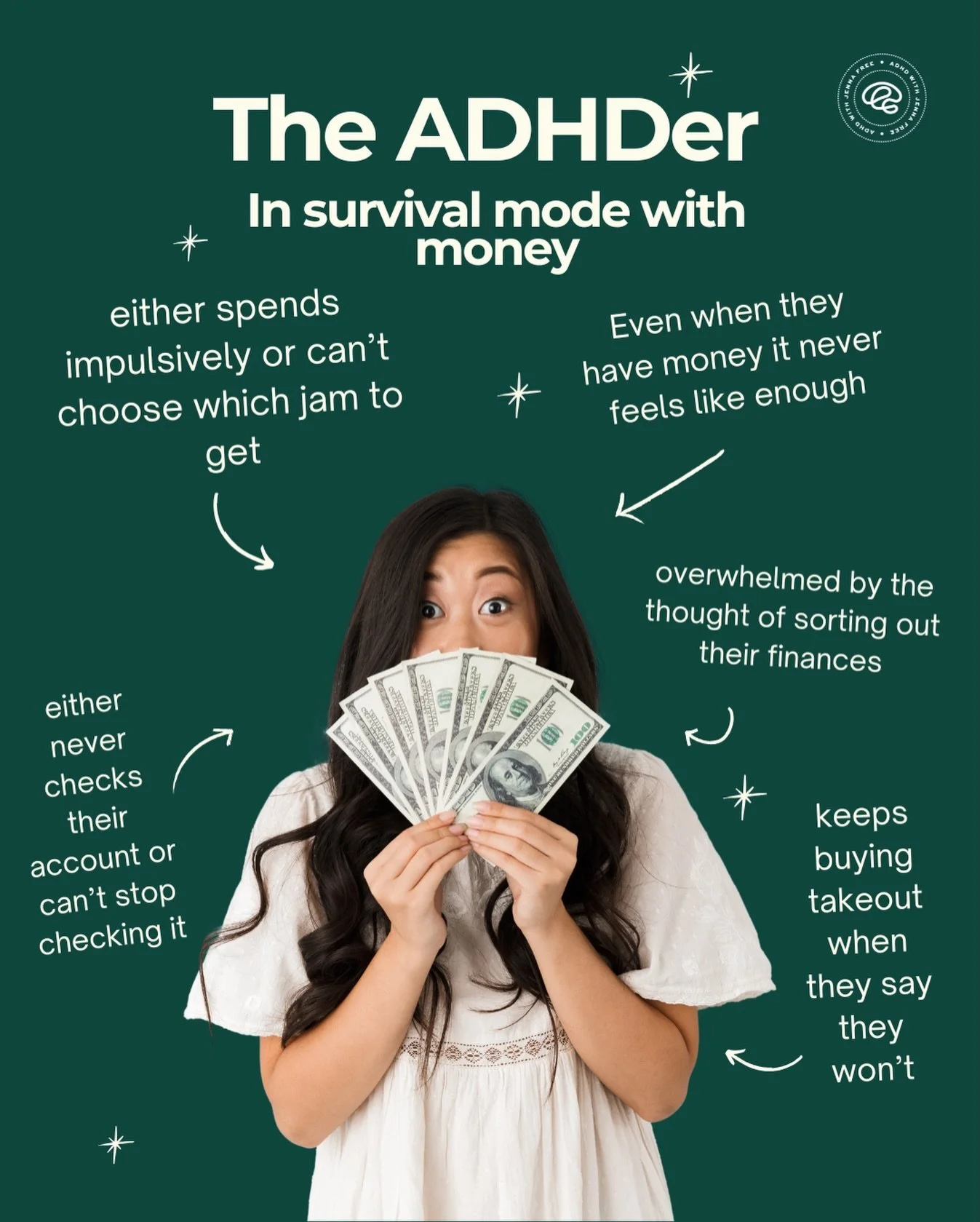 Are you in survival mode with money?
Do you feel you aren&rsquo;t making conscious choices but just in reaction and compulsive behavior with money? You&rsquo;re not alone.
This can also get much better.

Learn more about the upcoming ADHD + MONEY wor