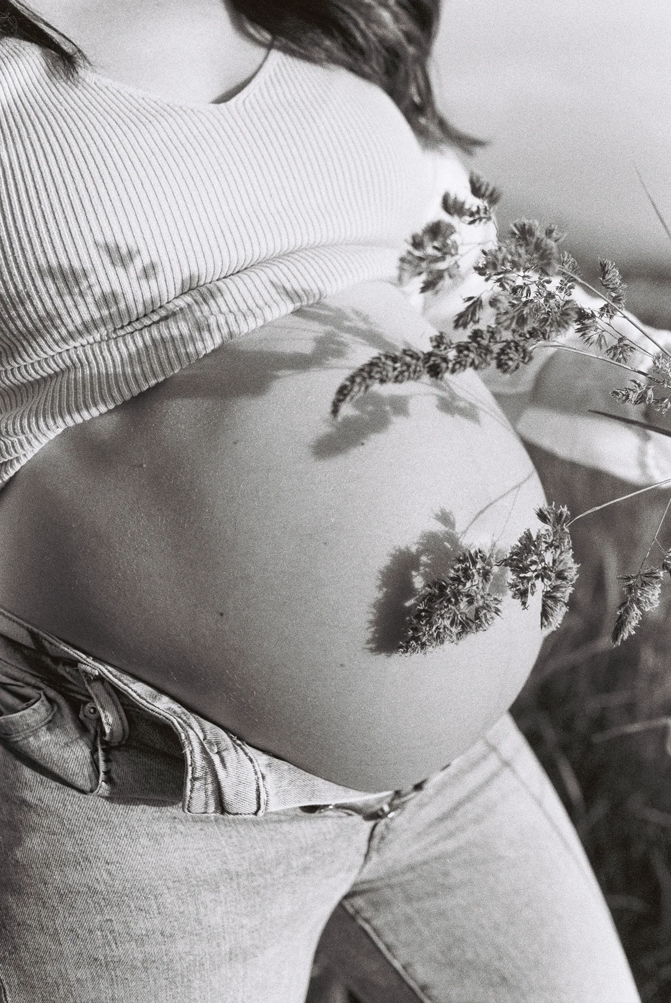 Film photo of a pregnant belly with shadows of flowers..webp